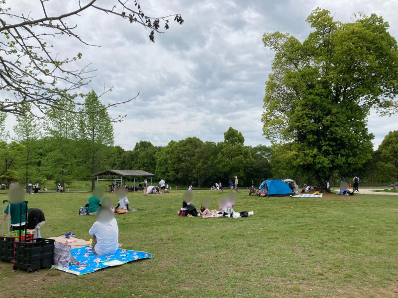 芝生広場でお弁当を食べる家族